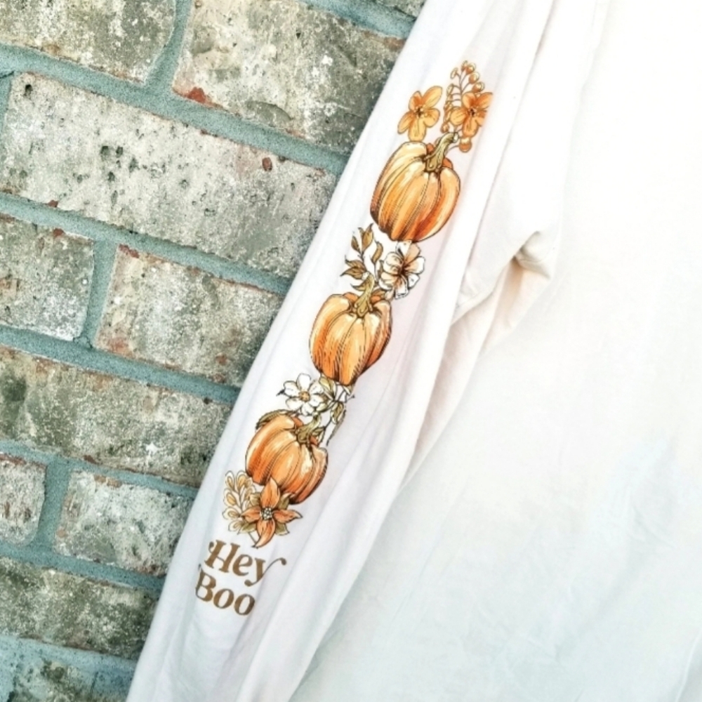 FALL TAN "Hey Boo" Long Sleeve TShirt (Size L) Ghost Halloween Funny Shirt - Picture 5 of 8